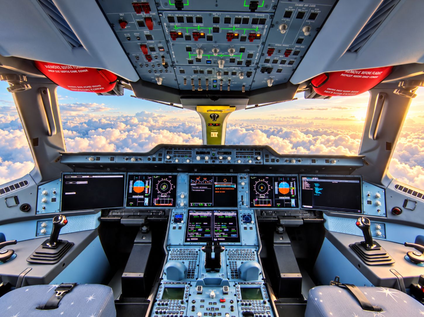 Cabina de pilotaj a unui avion, deasupra norilor