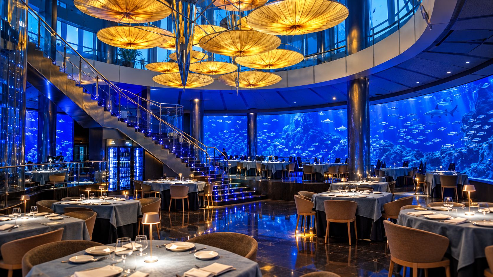 Restaurant cu acvariu panoramic, pentru o cină de gală